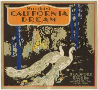 1j0384 SUNKIST CALIFORNIA DREAM 10x11 crate label 1928 great art of two peacocks!