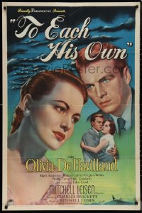 1j2193 TO EACH HIS OWN 1sh 1946 great close up art of pretty Olivia de Havilland & John Lund!