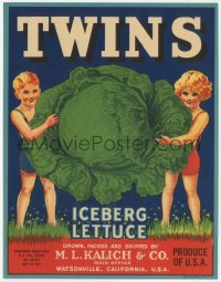 1j0385 TWINS 7x9 crate label 1950s great art of young siblings carrying giant iceberg lettuce!