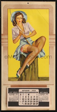1j0502 UNKNOWN CALENDAR calendar 1955 great art of sexy girl fishing with her skirt raised!