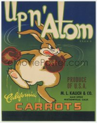 1j0386 UP N' ATOM 7x9 crate label 1950s great art of cartoon rabbit wearing boxing gloves!