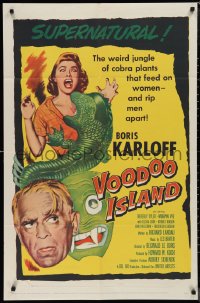 1j2213 VOODOO ISLAND 1sh 1957 Boris Karloff, art of woman-eating cobra plant attacking girl!