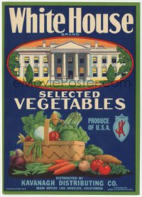 1j0387 WHITE HOUSE 7x10 crate label 1950s art of selected vegetables by the president's home!