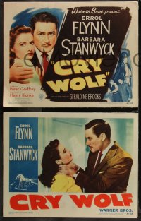 1j1262 CRY WOLF 8 LCs 1947 great close image of Errol Flynn protecting pretty Barbara Stanwyck!