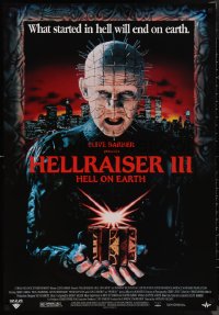 1k0097 HELLRAISER III: HELL ON EARTH 27x39 video poster 1992 Clive Barker, Pinhead holding cube!