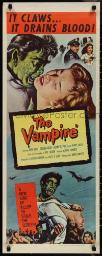 1k1063 VAMPIRE insert 1957 John Beal, it claws, it drains blood, cool art of monster & victim!