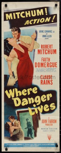 1k1066 WHERE DANGER LIVES insert 1950 Zamparelli art of Robert Mitchum holding Faith Domergue!