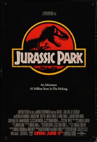 1k1258 JURASSIC PARK advance 1sh 1993 Steven Spielberg, classic logo with T-Rex over red background