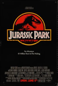 1k1259 JURASSIC PARK advance DS 1sh 1993 Steven Spielberg, classic logo with T-Rex over red background