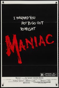 1k1294 MANIAC 1sh 1980 William Lustig's grindhouse slasher, you were warned not to go out tonight!