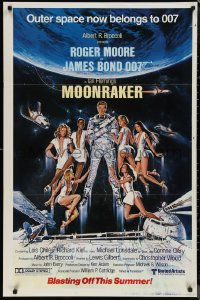 1k1316 MOONRAKER advance 1sh 1979 Goozee art of Moore & Bond Girls, blasting off this summer!