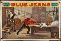 1k0105 BLUE JEANS 28x42 stage poster 1890s stone litho of man about to be bisected by sawblade!