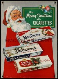 1k0155 SAY MERRY CHRISTMAS WITH CIGARETTES 19x26 advertising poster 1950s art of Santa & cigs!
