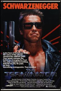1k1464 TERMINATOR 1sh 1984 close up of classic cyborg Arnold Schwarzenegger with gun, border style!