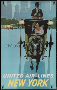 1k0043 UNITED AIR LINES NEW YORK 25x40 travel poster 1950s-1960s couple in carriage by Galli!