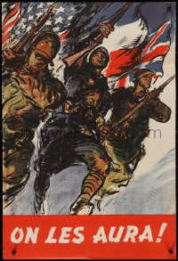 1k0015 ON LES AURA 20x29 WWII war poster 1940s soldiers charging into battle with flags!