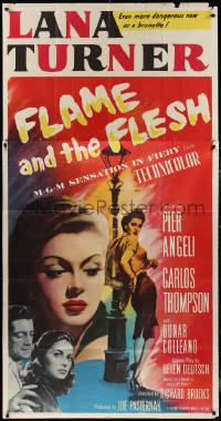 1p0786 FLAME & THE FLESH 3sh 1954 artwork of sexy brunette bad girl Lana Turner, plus Pier Angeli!