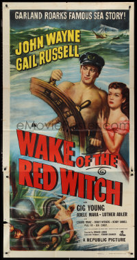 1p0853 WAKE OF THE RED WITCH 3sh R1952 art of barechested John Wayne & Gail Russell at sea!