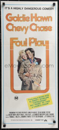 1p1389 FOUL PLAY Aust daybill 1978 wacky Lettick art of Goldie Hawn & Chevy Chase, screwball comedy!