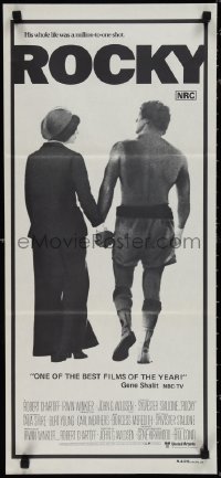 1p1421 ROCKY Aust daybill 1977 Sylvester Stallone with Talia Shire, boxing, blue background!