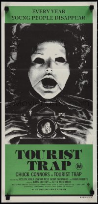 1p1433 TOURIST TRAP Aust daybill 1979 Charles Band, wacky horror image of masked woman with camera!