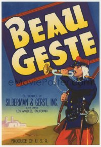 1p1797 BEAU GESTE 6x9 crate label 1940s great art of French Foreign Legionnaire playing bugle!
