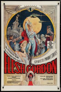 1p1512 FLESH GORDON 1sh 1974 sexy sci-fi spoof, wacky erotic super hero art by George Barr!
