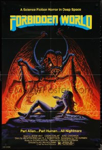 1p1514 FORBIDDEN WORLD 1sh 1982 Roger Corman, cool sci-fi art of giant monster attacking sexy girl!