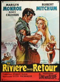 1p0329 RIVER OF NO RETURN French 1p R1960s Belinsky art of Mitchum holding sexy Marilyn Monroe!