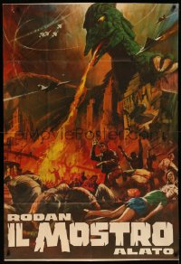 1p0734 RODAN Italian 1p R1968 Sora no Daikaiju Radon, art of the Flying Monster ravaging city!