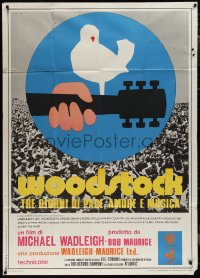 1p0985 WOODSTOCK Italian 1p 1970 classic rock & roll concert, great Arnold Skolnick art over crowd!