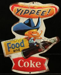 1p0869 COCA-COLA 9x11 metal sign 1970s great art of cowboy child riding Coke bottle under hotdog!