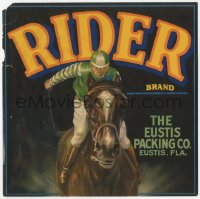1p1151 RIDER 9x9 crate label 1940s great art of jockey riding his horse in a race!