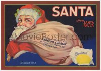 1p1152 SANTA 9x13 crate label 1928 great art of Santa Claus from Santa Paula carrying bag, Sunkist!