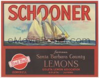 1p1153 SCHOONER 9x11 crate label 1940s Santa Barbara County Lemons, cool art of ship at sea!