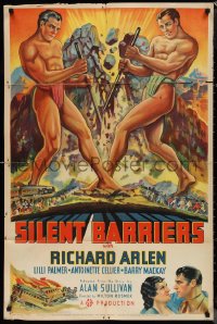 1p1612 SILENT BARRIERS style B 1sh 1937 Kulz art of two giants tearing apart mountain!