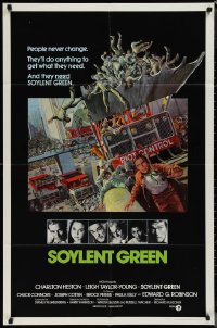 1p1616 SOYLENT GREEN int'l 1sh 1973 art of Charlton Heston trying to escape riot control by John Solie!