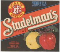 1p1157 STADELMAN'S 9x10 crate label 1950s one bushel of apples from Hood River, Oregon, cool art!