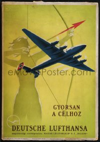 1p0993 DEUTSCHE LUFTHANSA 8x12 German standee 1938 art of Nazi airplane w/swastika & nude archer!