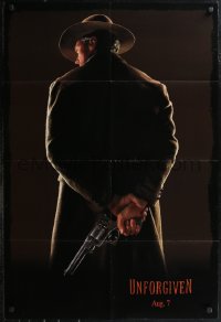 1p1644 UNFORGIVEN teaser DS 1sh 1992 image of gunslinger Clint Eastwood w/back turned, dated design!