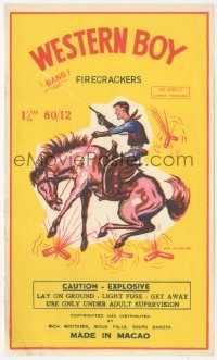 1p1804 WESTERN BOY 6x10 crate label 1970s great art of cowboy with gun on bucking horse!
