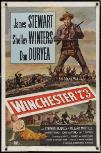 1p1649 WINCHESTER '73 1sh R1958 art of James Stewart with rifle standing over Shelley Winters!