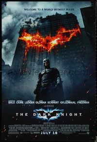1r1015 DARK KNIGHT advance DS 1sh 2008 Christian Bale as Batman in front of burning bat symbol!
