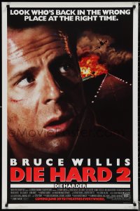 1r1029 DIE HARD 2 advance DS 1sh 1990 tough guy Bruce Willis, image of airplane and fire over airport