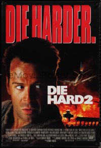 1r1028 DIE HARD 2 int'l DS 1sh 1990 tough guy Bruce Willis, image of airplane and fire over airport!