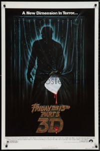 1r1068 FRIDAY THE 13th PART 3 - 3D 1sh 1982 slasher sequel, art of Jason stabbing through shower!