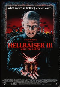 1r0016 HELLRAISER III: HELL ON EARTH 27x39 video poster 1992 Clive Barker, Pinhead holding cube!
