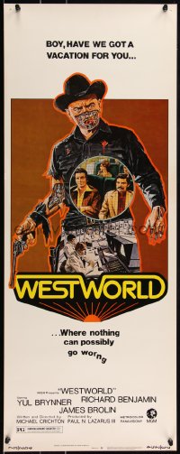 1r0922 WESTWORLD insert 1973 Michael Crichton, cool artwork of cyborg Yul Brynner by Neal Adams!