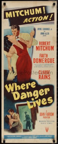 1r0923 WHERE DANGER LIVES insert 1950 Zamparelli art of Robert Mitchum holding Faith Domergue!