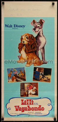 1r0638 LADY & THE TRAMP Italian locandina R1966 w/ romantic spaghetti scene from Disney dog classic!